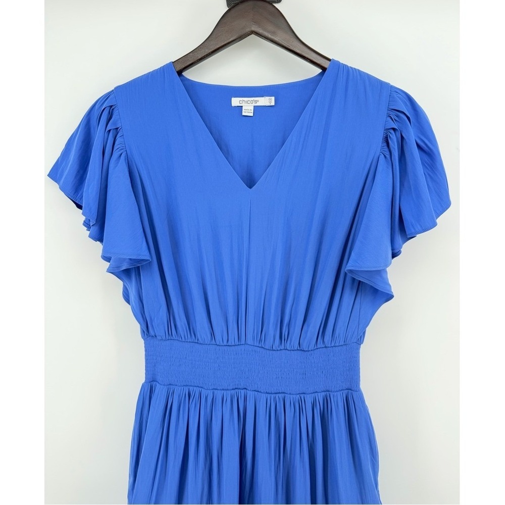 Chico's Blue Smocked Waist Tiered Maxi Dress Flutter Sleeve Size 00 US‎ 2 - Picture 2 of 11
